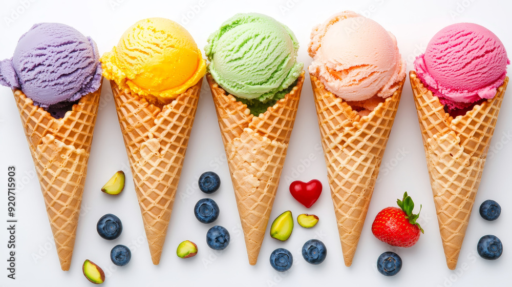 "Six waffle cones, with vibrant scoops of ice cream in assorted flavors ...
