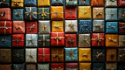 Canvas Print - A vibrant array of gift boxes in various colors and patterns, beautifully wrapped and tied with ribbons, ready for a special occasion