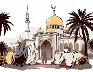 Wall Mural - s sitting in front of a mosque with palm trees.