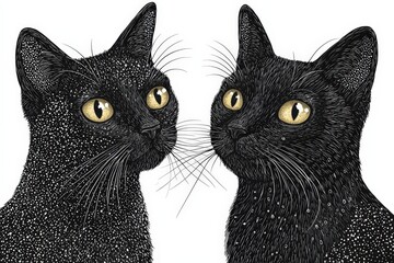 Poster - Two black cats with yellow eyes are facing each other, showcasing intricate details in their fur and expressions in a whimsical artistic portrayal