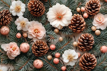 Wall Mural - A pastel winter floral arrangement with pine cones and branches.