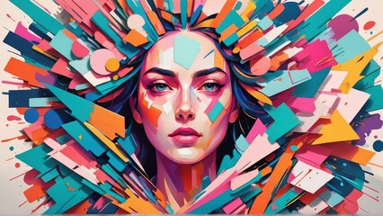 portrait of a beautiful woman with bright make-up and abstract colorful shapes.