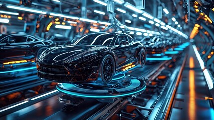 Poster - Black cars glide on automated tracks in a high-tech factory, illuminated by vibrant blue and orange lights as dusk approaches