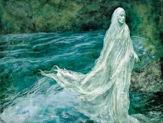 Poster - A woman in a white dress is walking in the water. The water is blue and the sky is cloudy