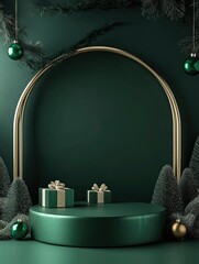 Christmas podium for products showcase, promotional sale, in green color with generative ai