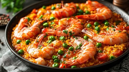 Wall Mural - A vibrant dish of shrimp paella features plump shrimp, green peas, and vibrant rice, presented attractively in a black dish, ideal for a family dinner