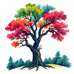 Wall Mural - a tree with colorful leaves and a bird sitting on it.