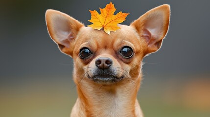 Wall Mural - A small brown dog with a leaf on its head. The dog is smiling and looking at the camera