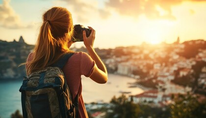 Wall Mural - A person photographing a sunset over a coastal town with a backpack.