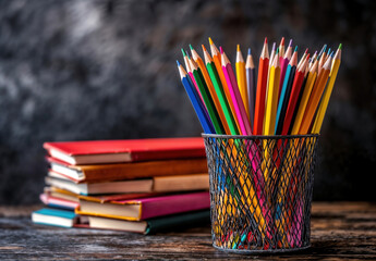 Poster - Colorful pencils standing in a metal pot on a desk with books in the background for back to school concepts