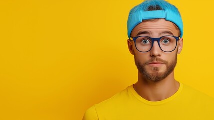 Poster - A man with blue hair and glasses is staring at the camera. He is wearing a yellow shirt and a blue hat