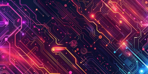 Poster - Experience the vibrant neon circuit patterns featuring glowing elements beautifully set against a dark background