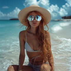 Young sexy gorgeous redhead woman in bikini, wide-brimmed hat and mirrored sunglasses sits on the beach in sea waves. Girls at seashore.