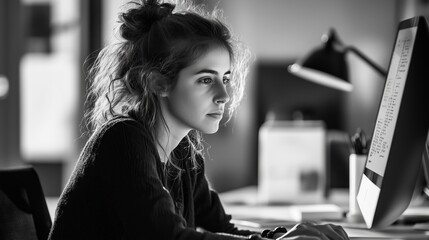 Poster - young woman working intently on a computer in a dimly lit office during the evening hours