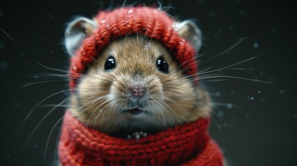 Canvas Print - Cute Hamster Wearing Red Knit Hat and Scarf in Snowy Winter