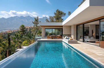 Luxury beach house with mountain view swimming pool and terrace in modern design. Lounge sun beds deck at vacation home or hotel. Contemporary holiday villa exterior