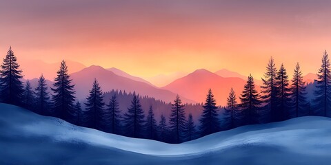 Wall Mural - A minimalist winter landscape with snow-dusted trees and a pastel sunset over the mountains.