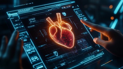 Poster - digital hologram of a heart being analyzed on a tablet in a modern medical setting