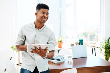 Poster - Thinking, tablet and business man in office for planning, online networking and project for web design. Creative company, digital agency and African person on tech for UI, research and website