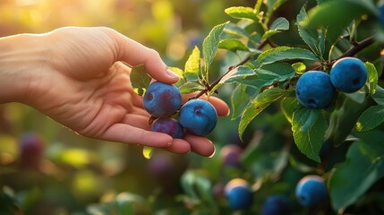 Poster - A hand reaches out to select juicy blue plums from a lush tree, basking in the warm glow of a sunny afternoon