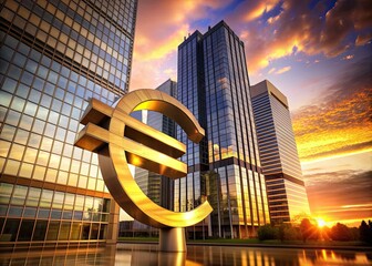 Wall Mural - A gold euro symbol icon stands in front of a sleek, modern bank building at sunset, symbolizing European finance and economic stability.