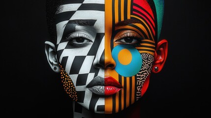 Fototapete - A woman displays striking facial artwork with intricate designs and contrasting colors, emphasizing unique cultural expression and creativity