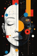 Aufkleber - A stylized portrayal of a woman with closed eyes, her face seamlessly merging with vivid geometric shapes and colors against a dark backdrop