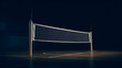 © Tark - Sports theme, indoor volleyball court, angled view of detailed volleyball net with sturdy end posts, set against a dark background, subtly backlit, on an atmospheric poorly lit court, Generative AI