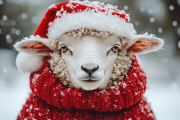 Wall Mural - A cheerful sheep dressed in a warm red scarf and Santa hat stands in a snowy field, celebrating the winter holiday spirit