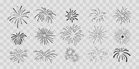 Wall Mural - set fireworks radial doodle line explosion circle sparkler with rays, hand drawn firecrackers simple