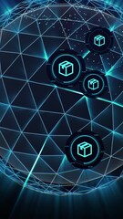 Poster - Plexus Sphere explodes into particles and polygons connecting lines in network. Exchange of goods and services worldwide. Abstract geometric composition from chaotic slow moving dots and lines are