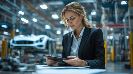 Poster - A businesswoman analyzes data on a tablet in a bustling automotive manufacturing facility, surrounded by vehicles and production equipment