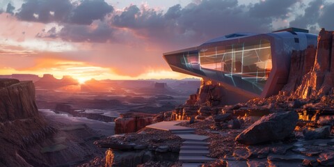 illustration of scenic view of futuristic glass cabinet building located on rocky terrain in canyon valley under cloudy sundown