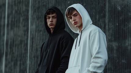 Two young men in black and white hoodies stand confidently against a textured wall in a stylish urban environment