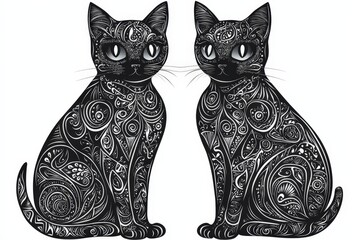 Poster - Two black cats adorned with swirling decorative patterns are positioned closely together, showcasing their artistic features and captivating expressions