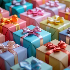 Poster - Various pastel-colored gifts with ribbons are neatly arranged, creating a cheerful atmosphere in a well-lit space