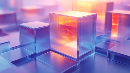 Abstract shot of translucent glass cubes in vivid colors, suitable for technology, innovation, and artificial intelligence themes in marketing materials, presentations, and digital designs,