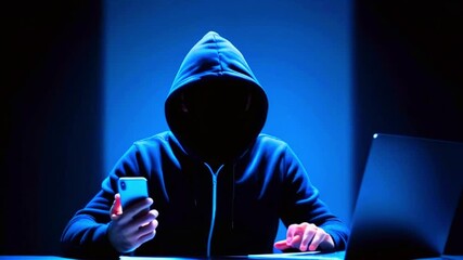 Mysterious Cyber Activity: Shrouded Figure in Dark Hoodie Engaged with Smartphone and Modern Laptop Against a Deep Blue Gradient Background
