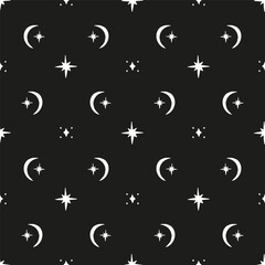 Sticker - Black and white seamless pattern with celestial motifs. Stars and moons background. Monochrome boho wallpaper.