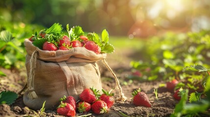 A sack of newly harvested strawberry fruit in plantation farm field