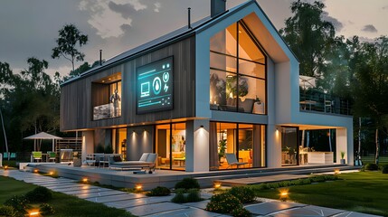 Poster - A high-tech smart home with energy-efficient appliances, LED lighting, and solar panels, showcasing a digital display of real-time energy savings and optimized usage