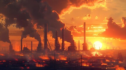 Poster - An industrial landscape dominated by towering coal smokestacks, oil rigs, and natural gas flares, with a dramatic sunset casting an orange glow over the scene