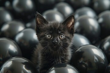 Wall Mural - Black Kitten in a Sea of Balloons