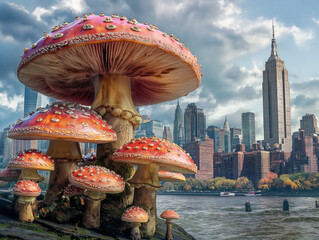 Wall Mural - A group of mushrooms are growing in front of a city skyline. The mushrooms are large and red, and they are surrounded by a body of water. The scene has a whimsical and surreal feel to it