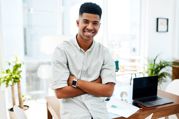 Aufkleber - Smile, confidence and portrait of black man at desk with laptop, notes and professional business growth. Planning, research and happy consultant in office with opportunity in project management job