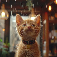 Wall Mural - Orange Cat Looking Up In Rain