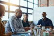 © peopleimages.com - Meeting, creative and team of business people in office for crafting media release for brand management. Discussion, planning and group of public relations specialists working on client social image.