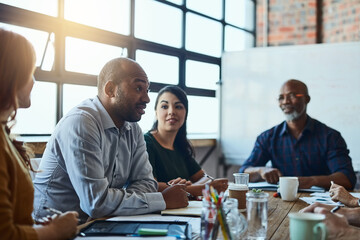 Aufkleber - Meeting, creative and team of business people in office for crafting media release for brand management. Discussion, planning and group of public relations specialists working on client social image.