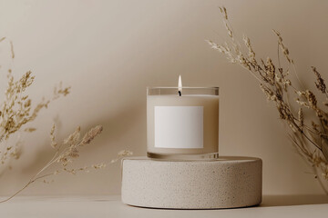 lit candle in glass with blank white label on a table sunlight leaves shadows neutral background natural nature dried plants