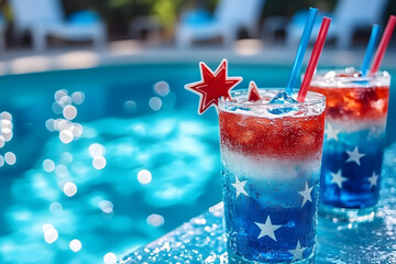 Sticker - Festive beverages served at a pool party, featuring red, white, and blue layered drinks adorned with star-shaped decorations and straws. The drinks are set against a backdrop of a sparkling pool.